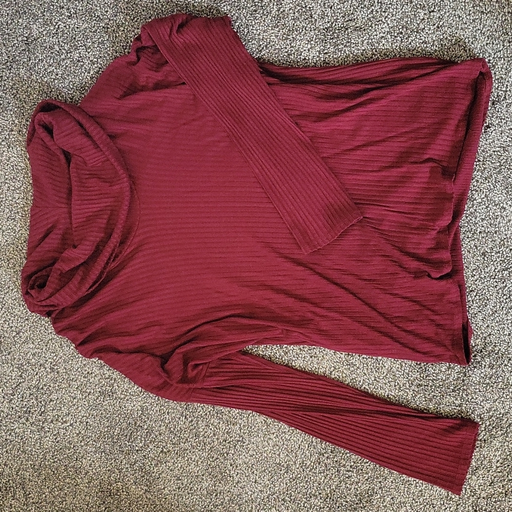 Ribbed Maroon Cowl Neck Sweater